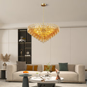 Tiered Smoke Glass Chandelier | 14-Light Round or 12-Light Rectangular, Brushed Black or Gold Metal Frame — 37
