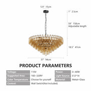 Tiered Smoke Glass Chandelier | 14-Light Round or 12-Light Rectangular, Brushed Black or Gold Metal Frame — 37