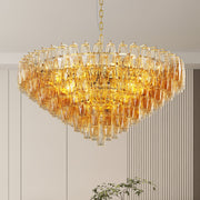 Tiered Smoke Glass Chandelier | 14-Light Round or 12-Light Rectangular, Brushed Black or Gold Metal Frame — 37