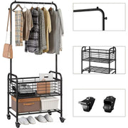 Metal Rolling Laundry Cart with Hanging Rack and Storage Shelf