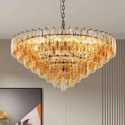 Tiered Smoke Glass Chandelier | 14-Light Round or 12-Light Rectangular, Brushed Black or Gold Metal Frame — 37