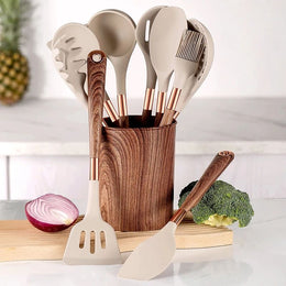 10-Piece Silicone Kitchen Utensil Set with Wooden Handles
