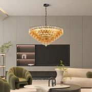 Tiered Smoke Glass Chandelier | 14-Light Round or 12-Light Rectangular, Brushed Black or Gold Metal Frame — 37