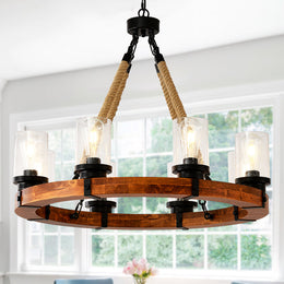 Rustic Wagon Wheel Chandelier | Wood Frame & Seeded Glass, Farmhouse Industrial Pendant — Available in 6/8/12/18-Light