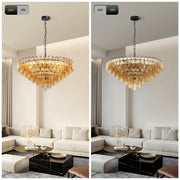 Tiered Smoke Glass Chandelier | 14-Light Round or 12-Light Rectangular, Brushed Black or Gold Metal Frame — 37