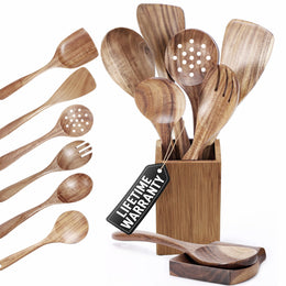STORE INDYA 8-Piece Wooden Utensil Set with Holder & Spoon Rest
