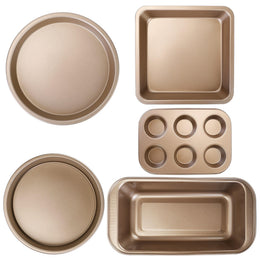 5Pcs Nonstick Bakeware Set Baking Tray Ovenware Sheet Kit w/ 6-Cup Muffin Pan Square Pan Loaf Pan Pizza Pan Live Bottom Round Cake Pan