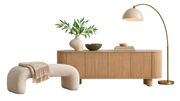 Modern living room arrangement with a cream upholstered bench, sideboard, greenery, and curved floor lamp