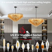 Tiered Smoke Glass Chandelier | 14-Light Round or 12-Light Rectangular, Brushed Black or Gold Metal Frame — 37