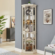 Lighted Corner Curio Cabinet Tall Display Case with Mirrored Back Glass Doors Adjustable Shelves White