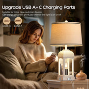 Rustic Farmhouse Table Lamps Set of 2 – USB A+C, Built-in Nightlight, 3-Way Dimmable Touch Lamp