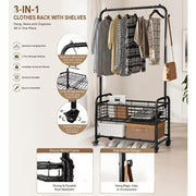 Metal Rolling Laundry Cart with Hanging Rack and Storage Shelf