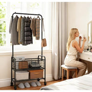 Metal Rolling Laundry Cart with Hanging Rack and Storage Shelf