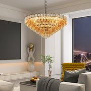 Tiered Smoke Glass Chandelier | 14-Light Round or 12-Light Rectangular, Brushed Black or Gold Metal Frame — 37