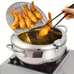 Stainless Steel Tempura Deep Fryer Pot with Thermometer and Drainer Rack