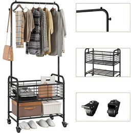 Metal Rolling Laundry Cart with Hanging Rack and Storage Shelf