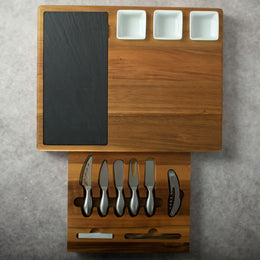 Acacia Wood Cheese Board Set with Integrated Storage Drawer